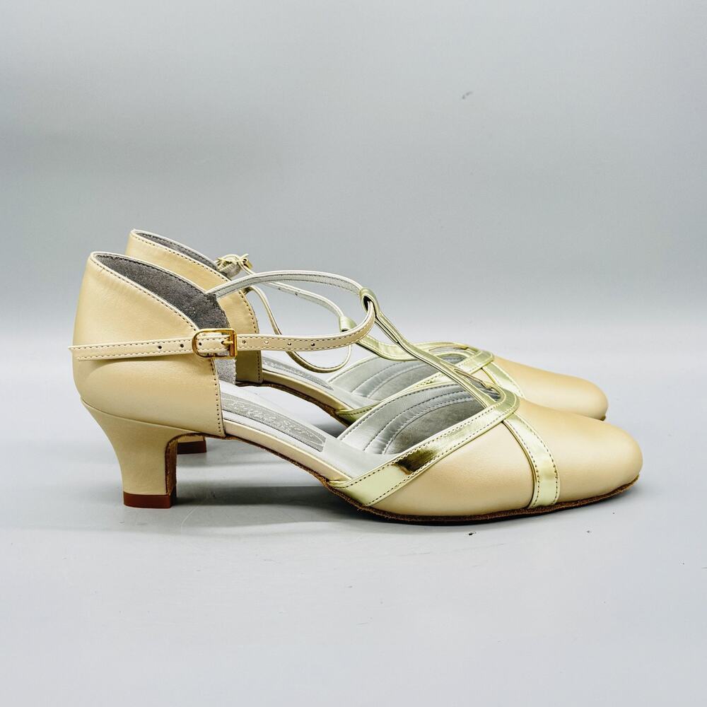 Freed Of London Shoes Womens 6.5 Gold Leather Dance Step T Strap Ballroom Heels